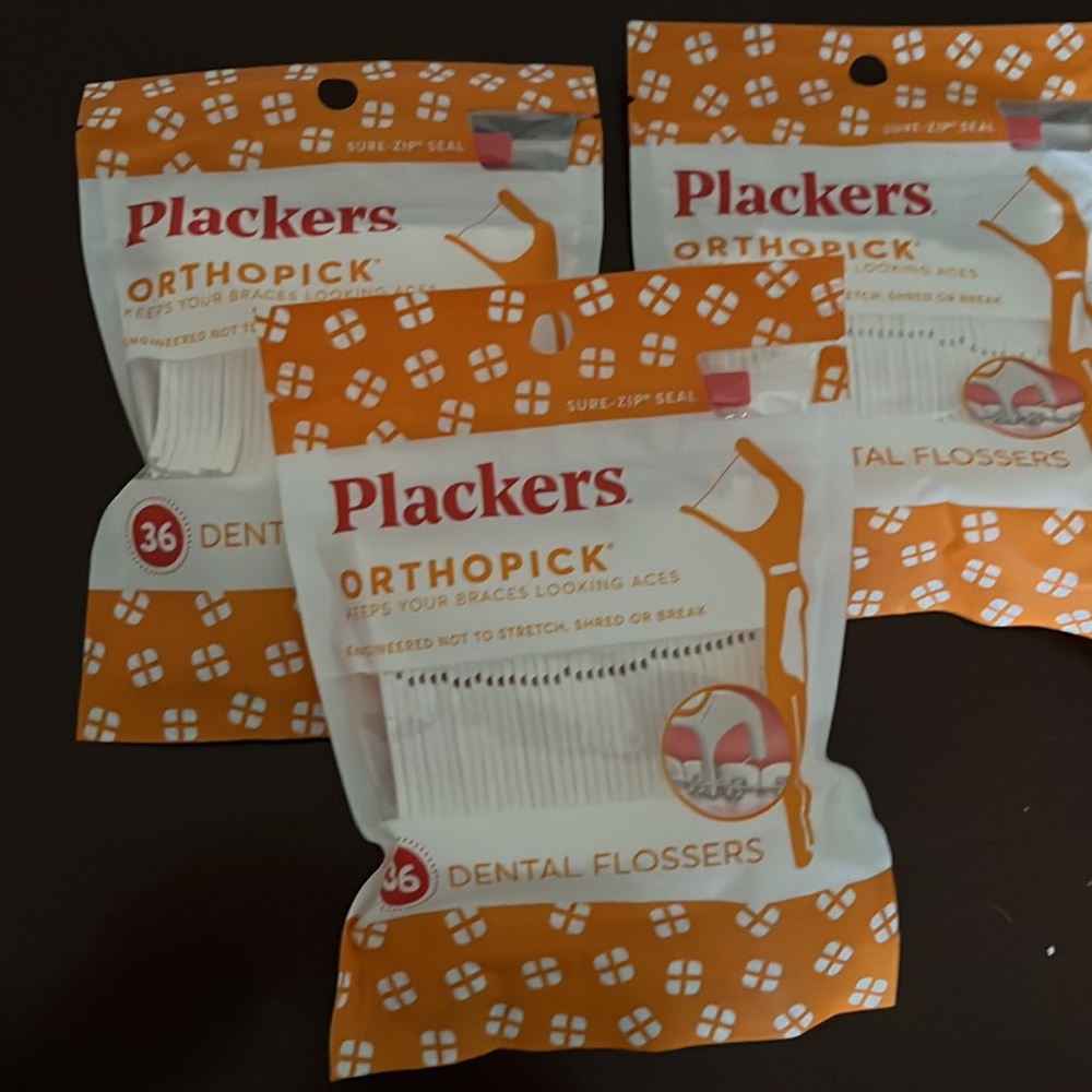 Plackers Orthopick dental flossers for braces. 3 pack of 36 flossers per pack